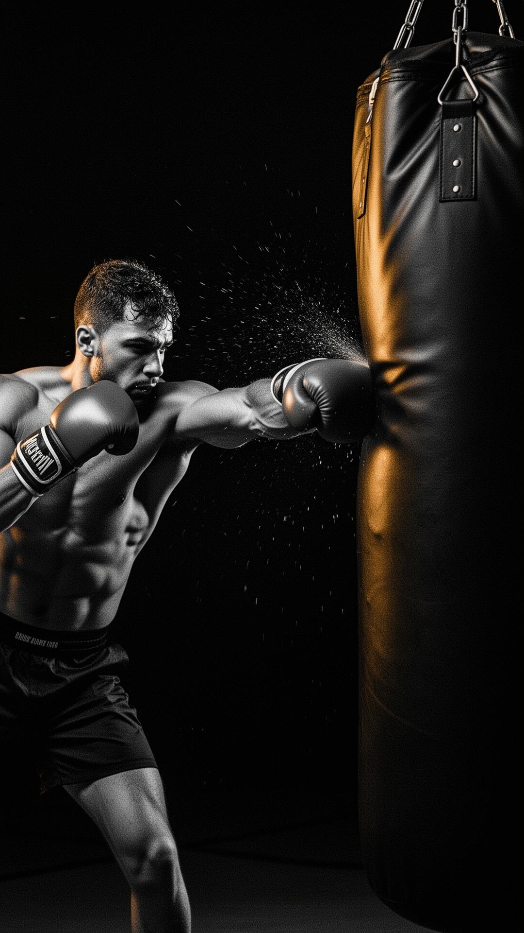 Boxer striking a heavy bag in dramatic lighting